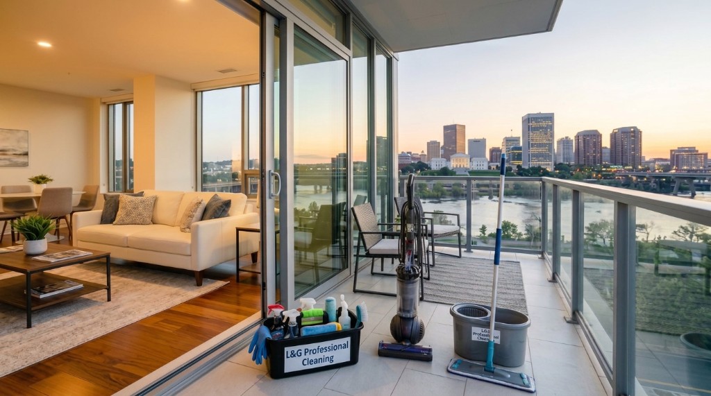 L&G Professional Cleaning supplies on a balcony overlooking the Richmond, Virginia skyline at sunset